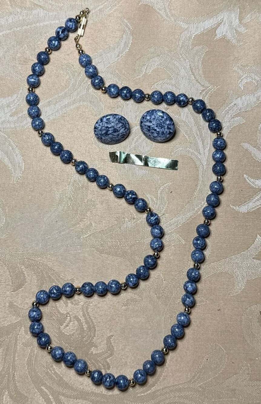 Vintage Hand-Knotted Blue Lapis Lazuli Graduated Bead Necklace & Earrings Set